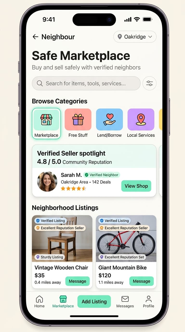 Neighbour safe marketplace mobile interface